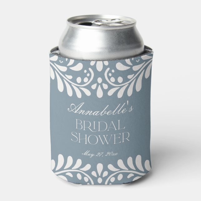 Dusty Blue Talavera Spanish Fiesta Bridal Shower Can Cooler (Can Front)