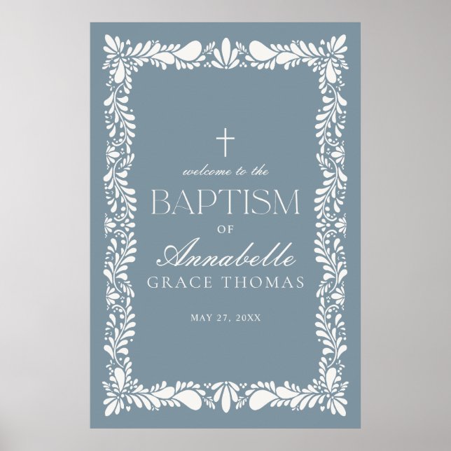 Dusty Blue Talavera Tile Fiesta Baptism Welcome Poster (Front)