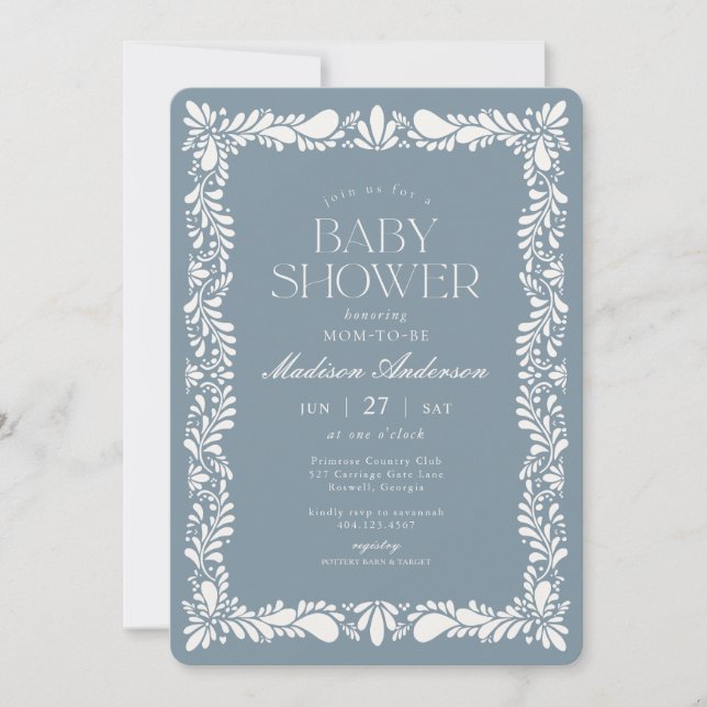 Dusty Blue Talavera Tile Fiesta Boy Baby Shower Invitation (Front)