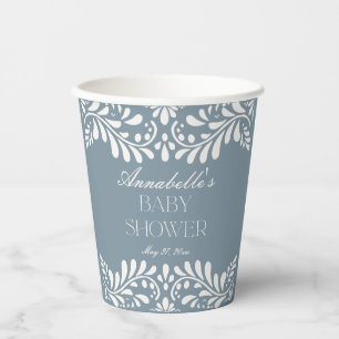 Dusty Blue Talavera Tile Fiesta Boy Baby Shower Paper Cups