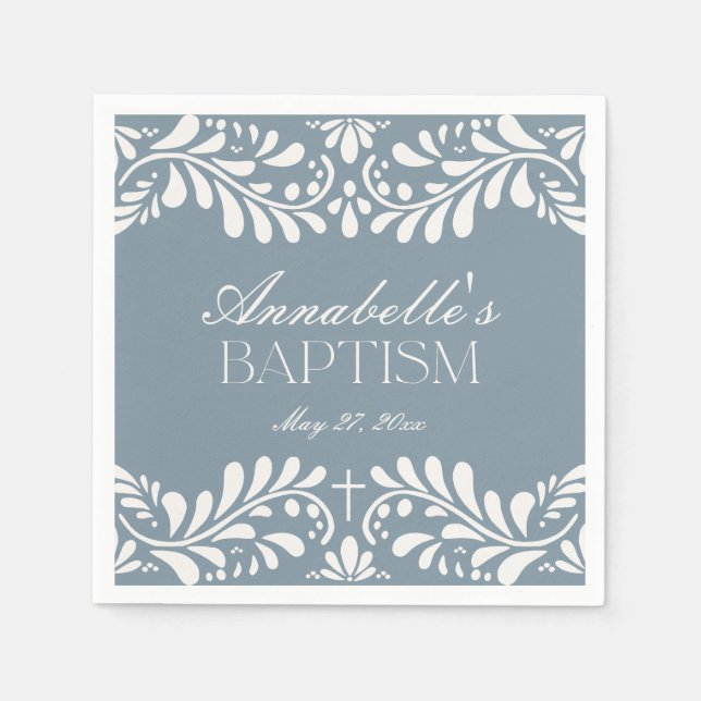 Dusty Blue Talavera Tile Fiesta Boy Baptism Napkin (Front)