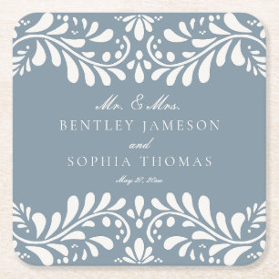 Dusty Blue Talavera Tile Spanish Fiesta Wedding Square Paper Coaster