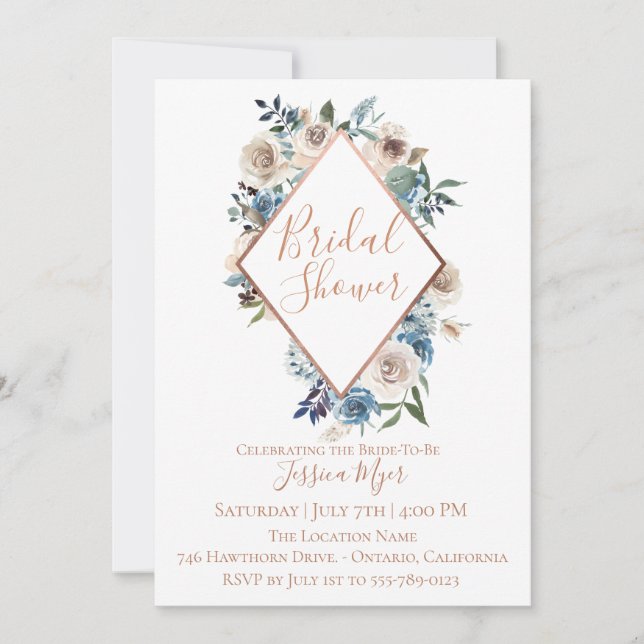 Dusty Blue Taupe Floral Bridal Shower Invitation (Front)