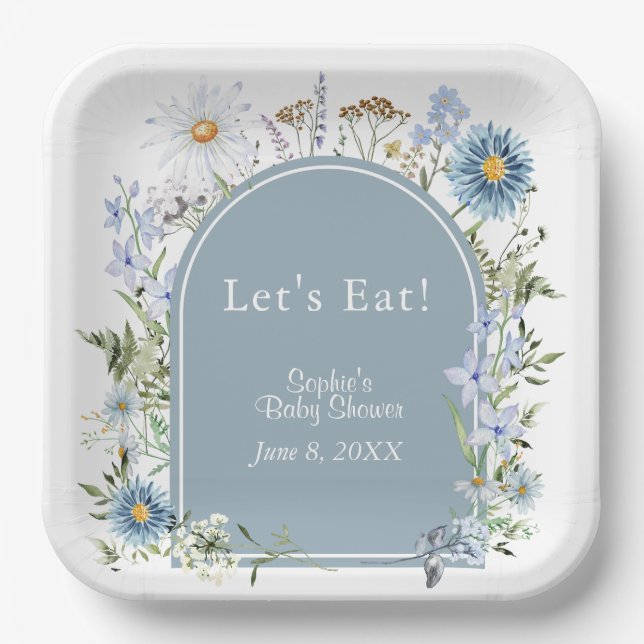 Dusty Blue Tea Party Baby In Bloom Baby Shower  Paper Plate (Front)