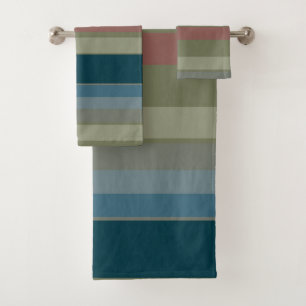 Dusty Blue, Teal, Beige, Coral, Olive Stripes Bath Towel Set