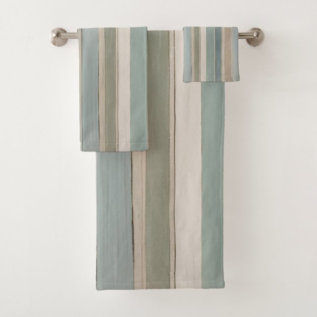 Dusty Blue Teal Sage Beige Stripe Bath Towel Set (Insitu)