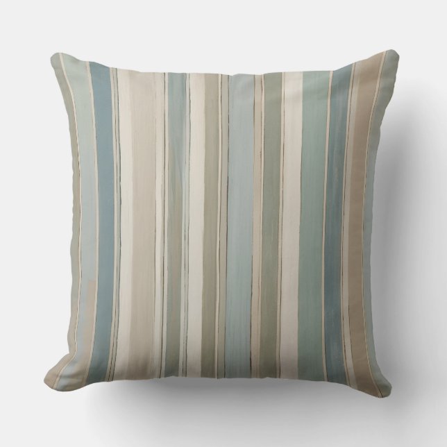 Dusty Blue Teal Sage Beige Stripe Cushion (Front)