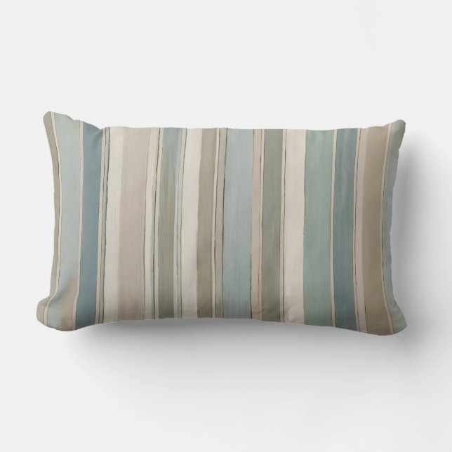 Dusty Blue Teal Sage Beige Stripe Lumbar Cushion (Front)
