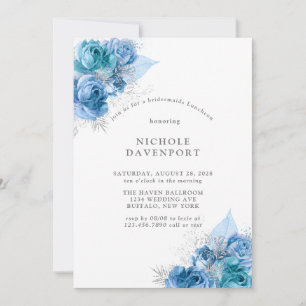 Dusty Blue Teal Silver Peony Bridesmaids Luncheon Invitation