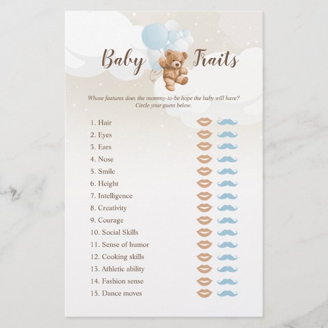 Dusty Blue Teddy Bear Baby Traits Game Flyer (Front)