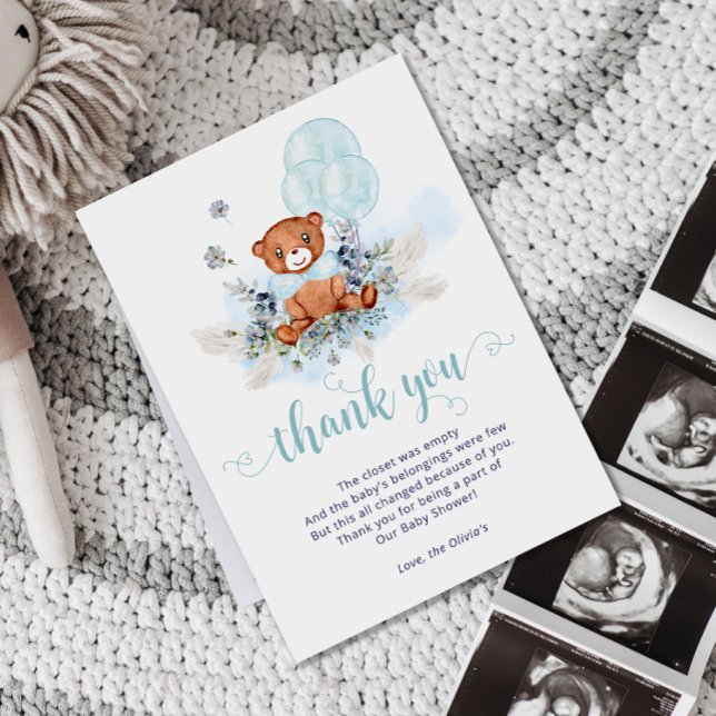 Dusty Blue Teddy Bear Balloon Boy Baby Shower Thank You Card (Creator Uploaded)