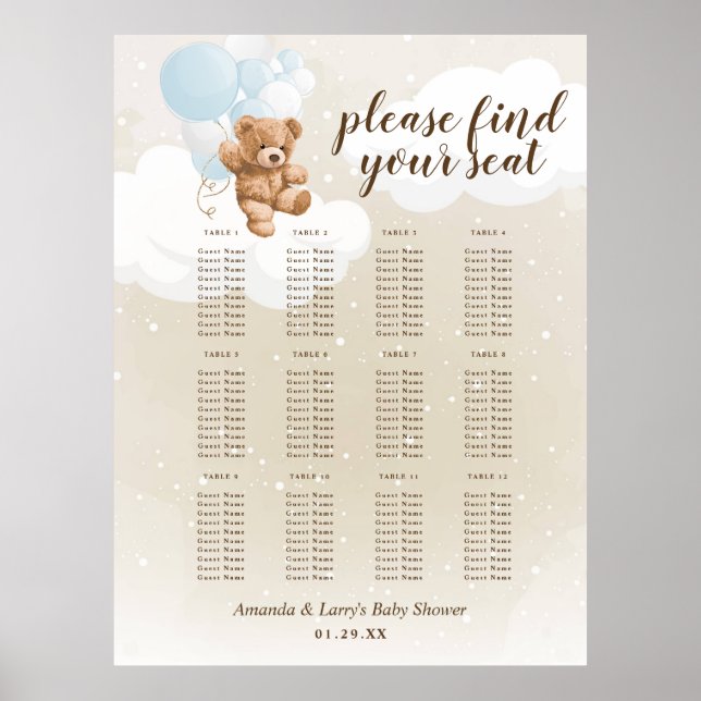 Dusty Blue Teddy Bear with Balloons Seating Chart (Front)