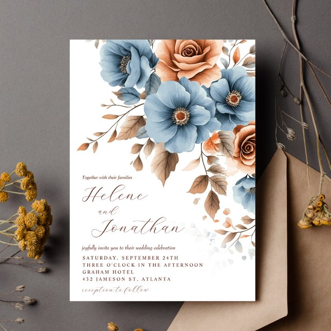 Dusty Blue Terracotta Boho Floral Elegant Wedding Invitation (Dusty Blue Terracotta Boho Floral Elegant Wedding Invitation)