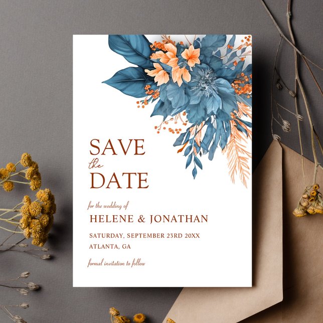 Dusty Blue Terracotta Boho Floral Elegant Wedding Save The Date (Dusty Blue Terracotta Boho Floral Elegant Wedding Save The Date)