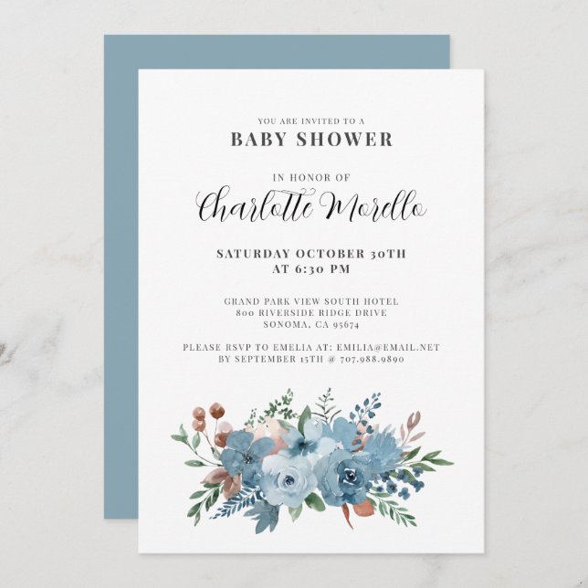 Dusty Blue Terracotta Floral Baby Shower Invitation (Front/Back)