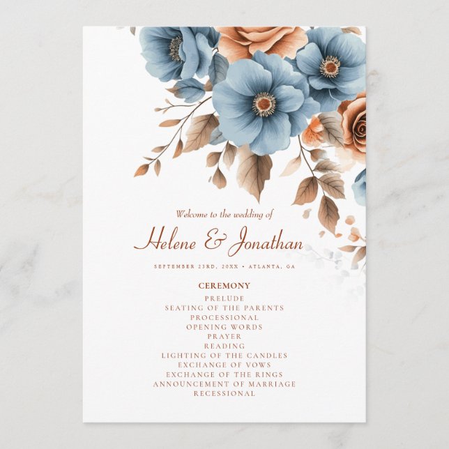 Dusty Blue Terracotta Floral Boho Elegant Wedding Program (Front)
