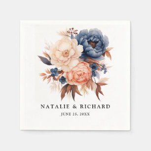 Dusty blue & Terracotta floral watercolor wedding Napkin