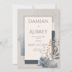 Dusty Blue Terracotta Geometric Botanical Wedding Invitation
