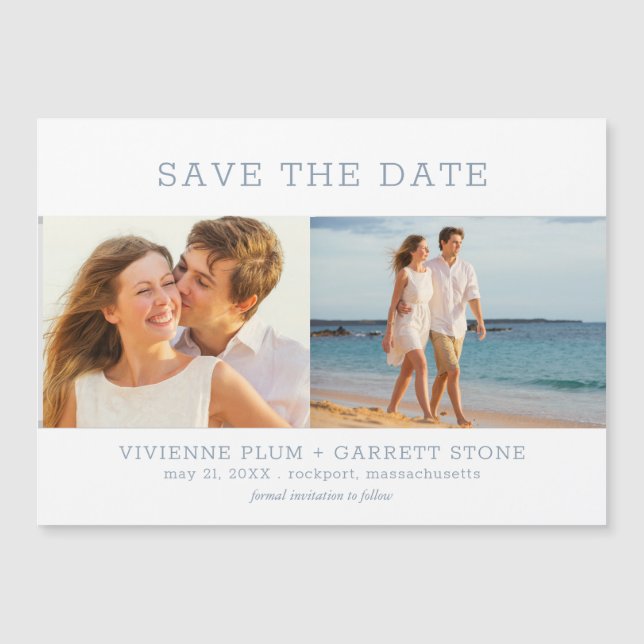 Dusty Blue Text 2 Photo Wedding Save the Date Magnetic Invitation (Front)