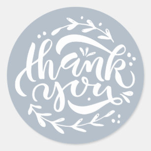 Dusty Blue Thank You Modern Calligraphy Wreath Classic Round Sticker