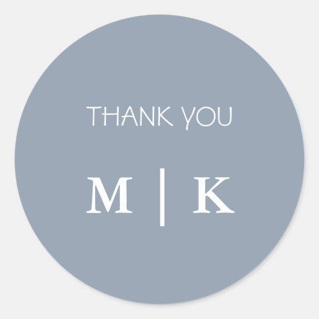 Dusty Blue Thank You Monograms Trendy Wedding Classic Round Sticker (Front)