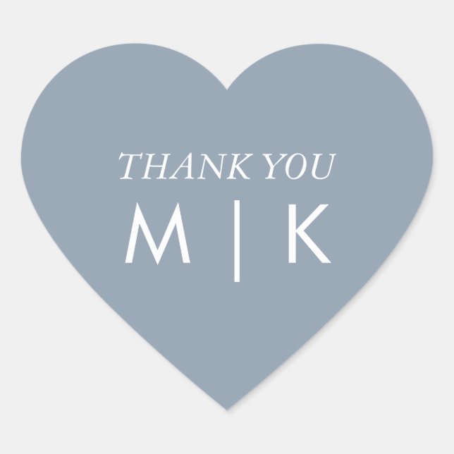 Dusty Blue Thank You Monograms Trendy Wedding Heart Sticker (Front)