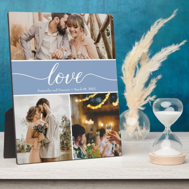 Dusty Blue Thankful Wedding Photo Collage Plaque (Side)
