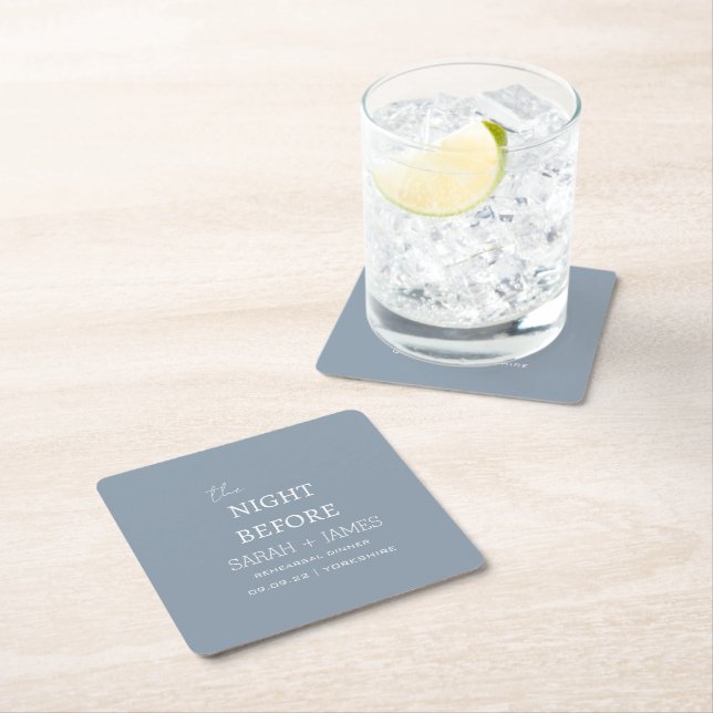 Dusty Blue the Night Before Rehearsal Dinner Party Square Paper Coaster (Insitu)