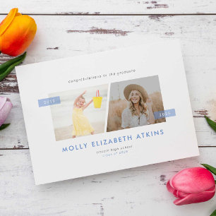 Dusty Blue Then and Now Two Photo Graduation Announcement