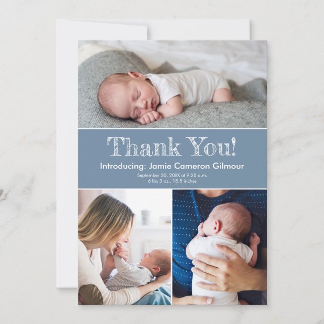 Dusty Blue Three Photos Baby Boy Shower Thank You Card (Front)