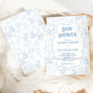 Dusty Blue Toile Bear Vintage Baby Boy Shower Invitation