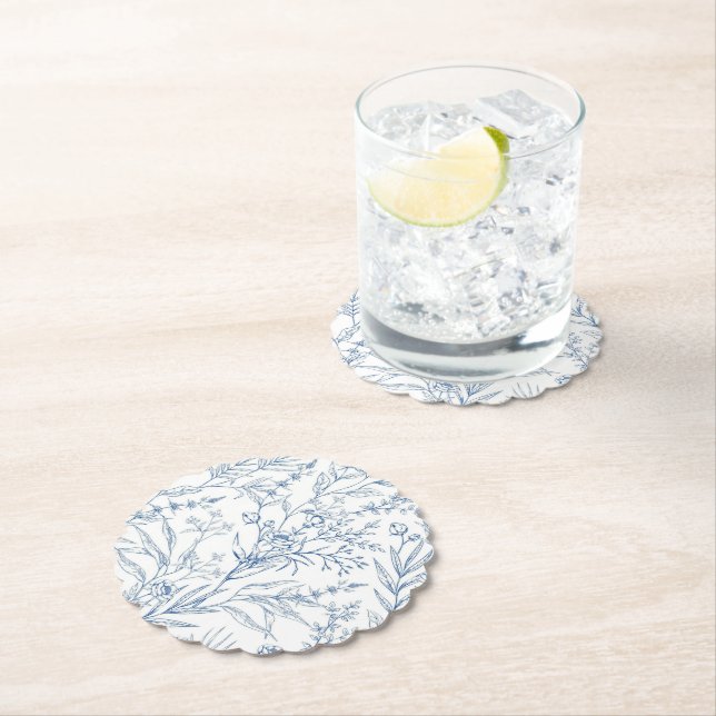 Dusty Blue Toile Botanical Party Paper Coasters (Insitu)
