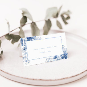 Dusty Blue Toile Floral Folded Wedding Place Card