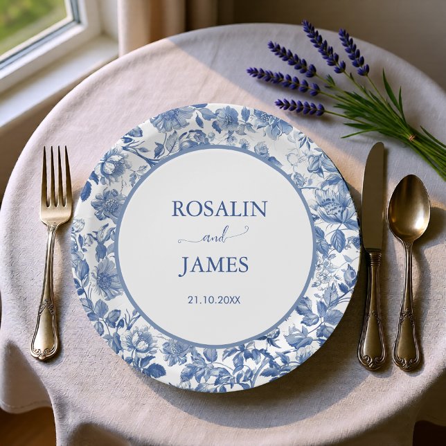Dusty Blue Toile Floral Personalized Wedding Paper Plate (Dusty Blue Toile Floral Personalized Wedding Paper Plates)