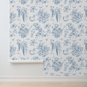 Dusty Blue Toile Floral Teddy Bear Elegant Classic Wallpaper