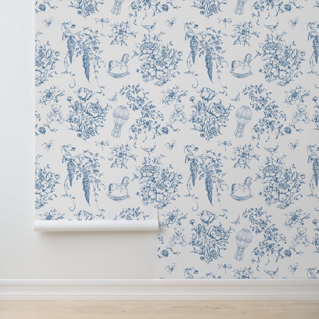 Dusty Blue Toile Floral Teddy Bear Elegant Classic Wallpaper (Application)