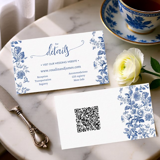 Dusty Blue Toile Floral Wedding Website QR Details Enclosure Card (Dusty Blue Toile Floral Wedding Website QR Details Enclosure Card)