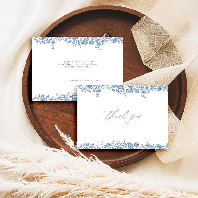 Dusty Blue Toile French Roses Classic Chic Wedding Thank You Card (dusty blue wedding thank you toile de jouy chinoiserie french vintage floral frame formal modern )
