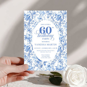 Dusty Blue Toile Roses 60th Birthday Digital  Invitation