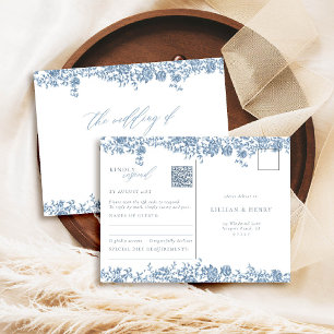 Dusty Blue Toile Roses Elegant QR Wedding Response Postcard