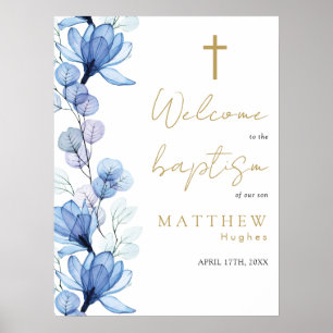 Dusty Blue Transparent Floral Baptism Welcome Sign