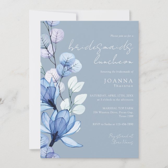 Dusty Blue Transparent Floral Bridesmaids Luncheon Invitation (Front)