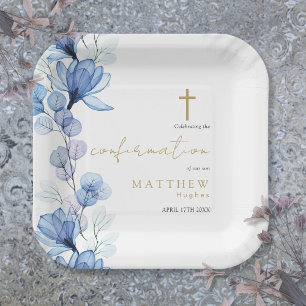 Dusty Blue Transparent Floral Confirmation Paper Plate