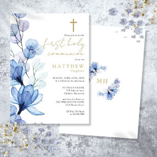 Dusty Blue Transparent Floral First Holy Communion Invitation