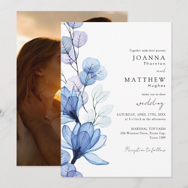 Dusty Blue Transparent Floral Photo Wedding Invitation (Front/Back)