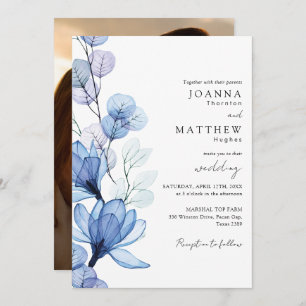 Dusty Blue Transparent Floral Photo Wedding Invitation