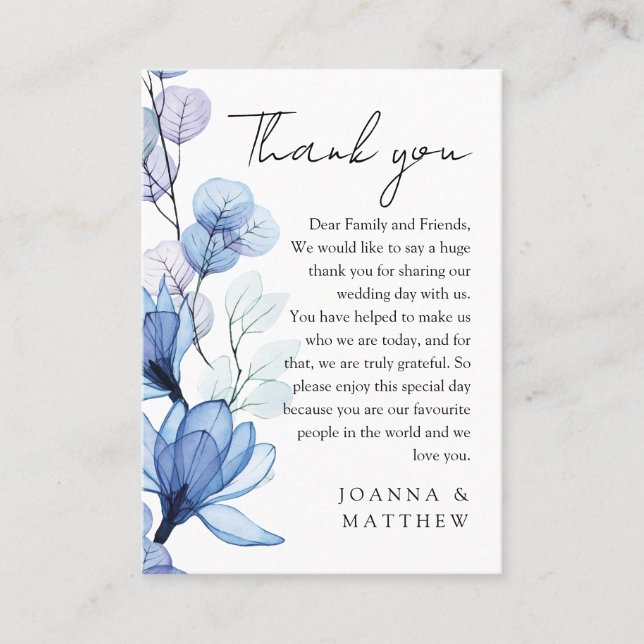 Dusty Blue Transparent Floral Wedding Thank You Place Card (Front)