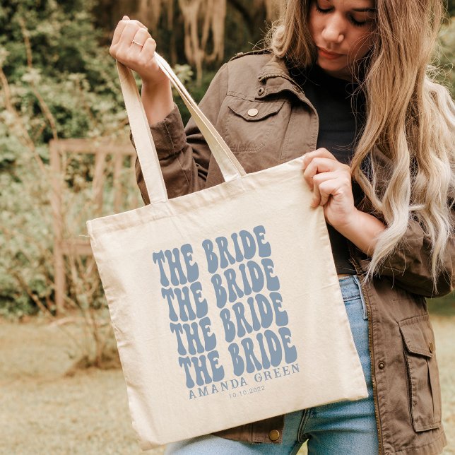 Dusty Blue Trendy Boho Retro Personalised Bride Tote Bag (Creator Uploaded)