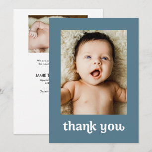 Dusty Blue Trendy Typography Modern 2 Baby Photos Thank You Card