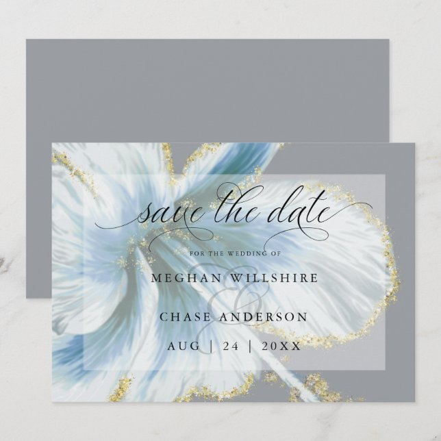Dusty Blue Tropical Flower Watercolor Save The Date (Front/Back)
